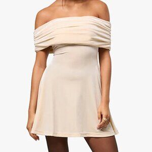 WeWoreWhat Off-Shoulder Mini Dress in Light Beige